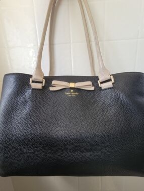 kate spade Black Pebbled Leather Tote with Beige Bow Handles